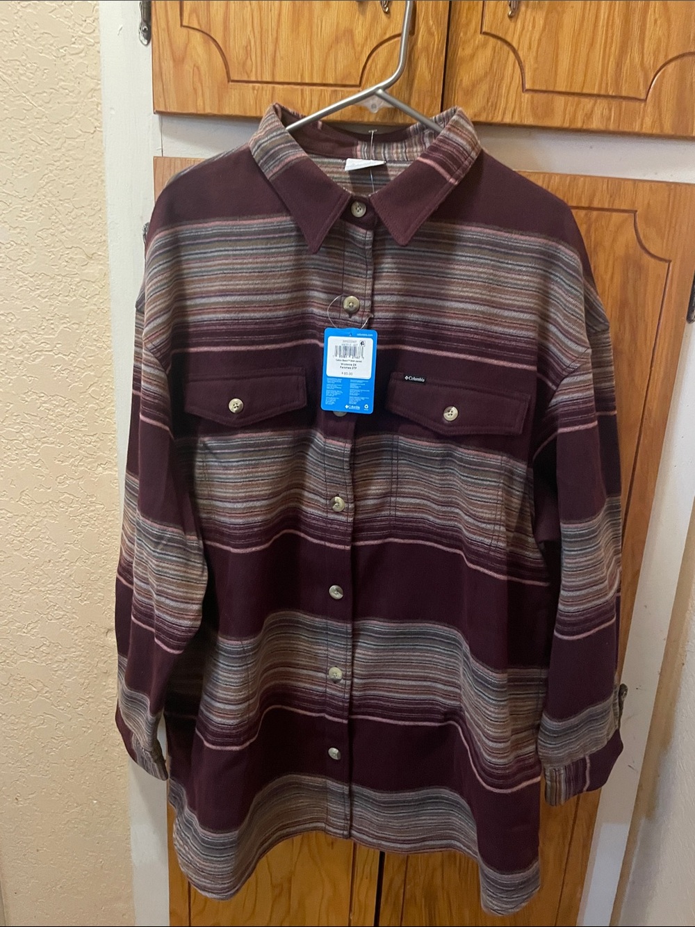 Columbia Striped Shirt Jacket in Plum, Tan, Green and Pink